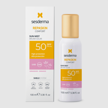 Protector solar facial SPF 50 en formato bruma solar o "sun mist" con fragancia a geranio.