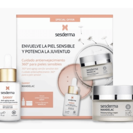 Pack antienvejecimiento para pieles sensibles que contiene Samay sérum antiedad y crema Mandelac hidratante