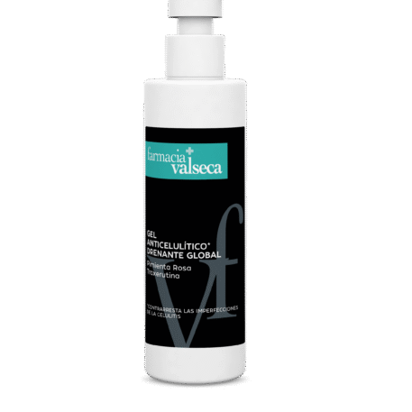 GEL ANTICELULITICO DRENANTE GLOBAL de FARMACIA VALSECA es un tratamiento eficaz que ayuda a reducir la apariencia de la celulitis y a drenar líquidos. Su fórmula innovadora combina ingredientes activos que estimulan la circulación y mejoran la elasticidad de la piel. Ideal para tonificar y suavizar la piel