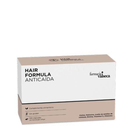 HAIR FORMULA CISTINA Y METIONINA de FARMACIA VALSECA es un complemento alimenticio en cápsulas que promueve la salud del cabello. Su fórmula combina cistina y metionina