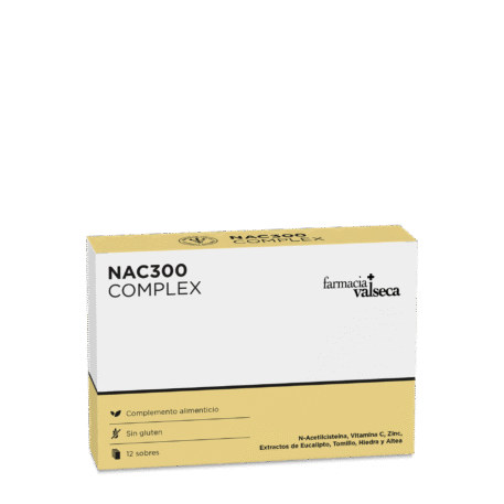 NAC 300 COMPLEX (MUCOFLU) de Farmacia Valseca es un complemento alimenticio en sobres que combina N-acetilcisteína (NAC) y otros ingredientes para apoyar la salud respiratoria y el sistema inmunológico. Ideal para ayudar a fluidificar las mucosidades y mejorar la función pulmonar. Presentado en un formato práctico de 12 sobres