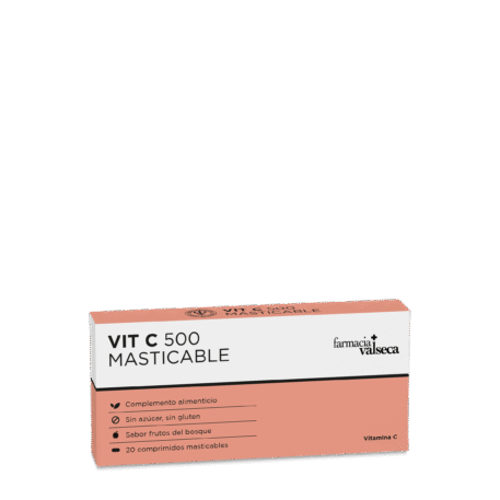 VIT C 500 MASTICABLE de FARMACIA VALSECA es un complemento alimenticio que aporta 500 mg de vitamina C por tableta